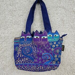 Laurel Burch Indigo Cats Tote Bag Women Small Blue Gold Foil Artistic Boho Bag